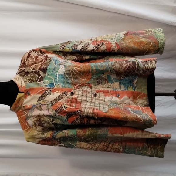 Chico's mandarin button front tapestry patchwork cotton loose fitting jacket top - Picture 2 of 10